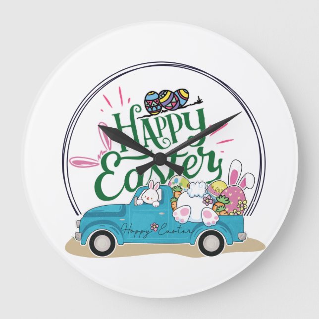 Relógio Grande Funny Bunny Happy Easter Day (Frente)
