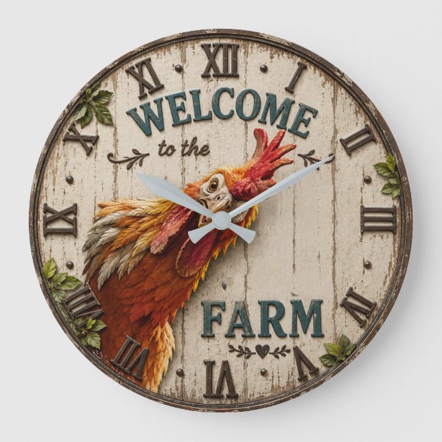 Relógio Grande Funny Chicken Welcome to the Farm Rustic (Frente)