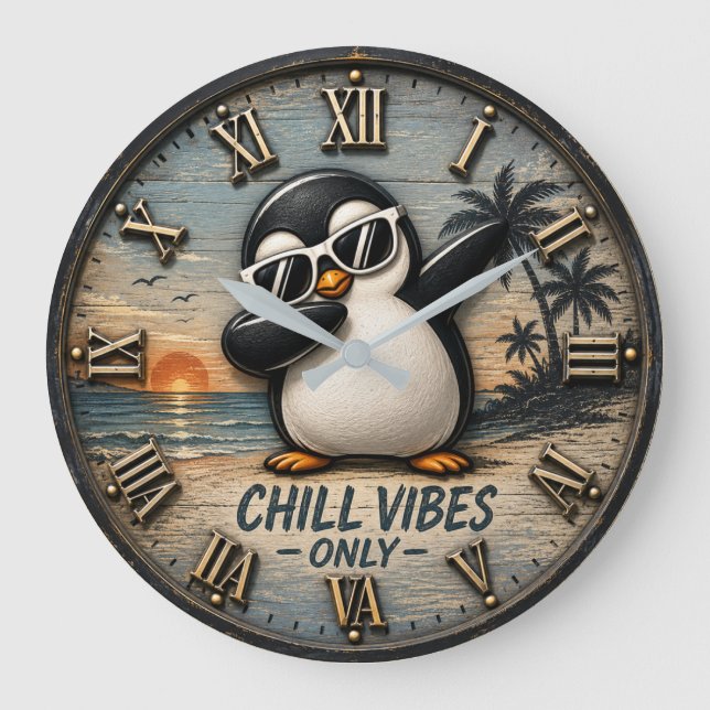 Relógio Grande Funny Chill Vibes Only Penguin (Frente)