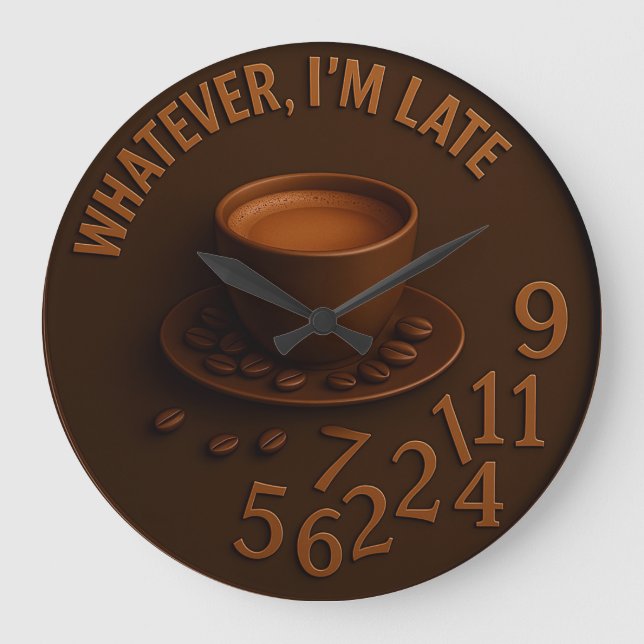 Relógio Grande Funny Coffee mug Whatever I'm late (Frente)