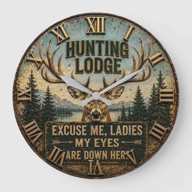 Relógio Grande Funny Hunting Lodge Rustic Deer Hunter Decor (Frente)
