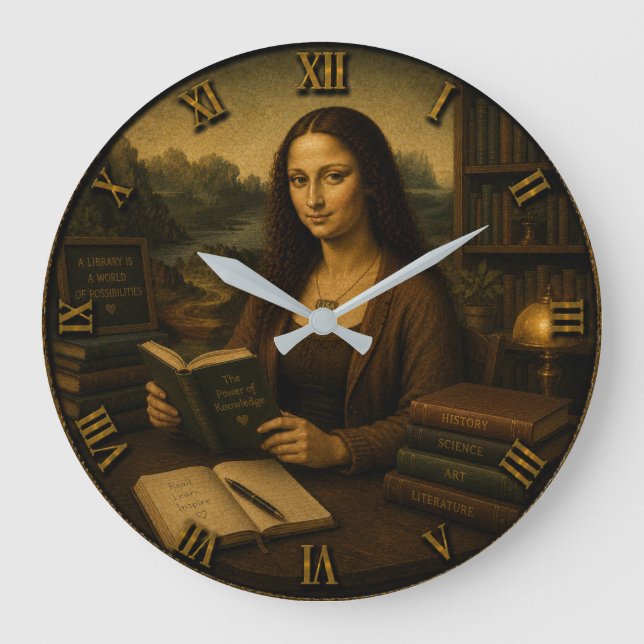 Relógio Grande Funny Librarian Mona Lisa Library Lover Gift (Frente)