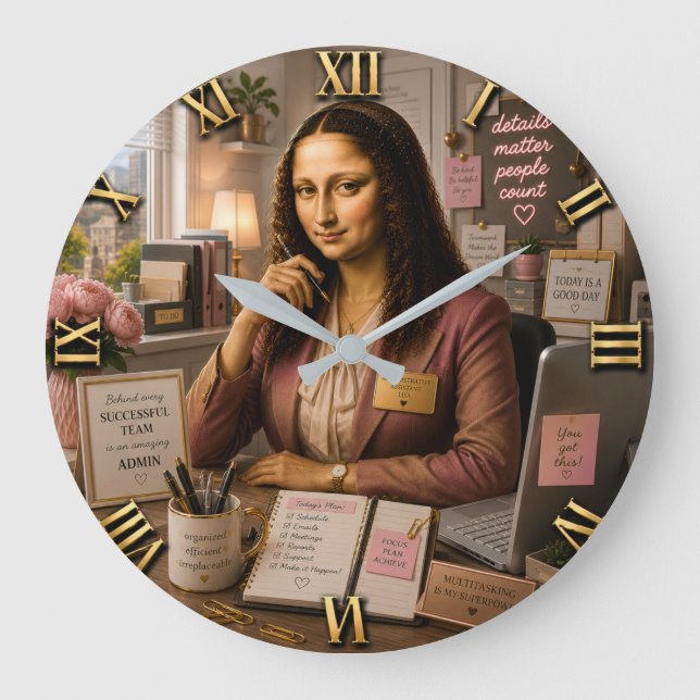 Relógio Grande Funny Mona Lisa Administrative Assistant Office  (Frente)