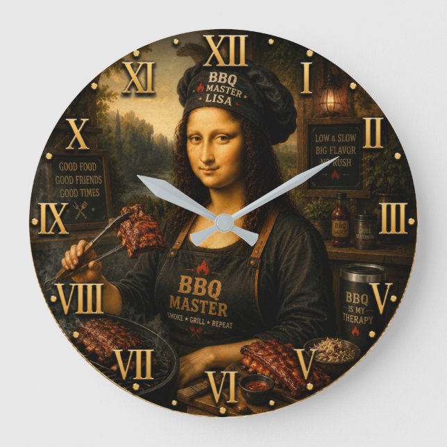 Relógio Grande Funny Mona Lisa BBQ Master Barbecue Grill Decor (Frente)