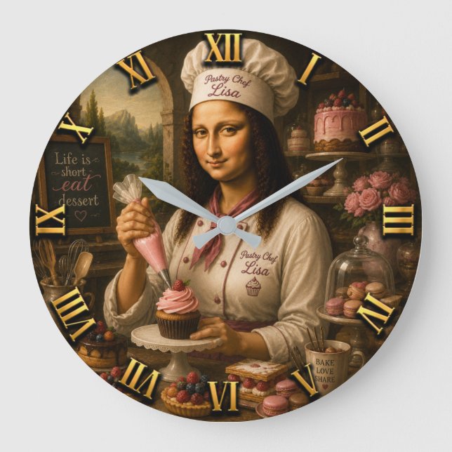 Relógio Grande Funny Mona Lisa Pastry Chef Bakery Kitchen Decor (Frente)