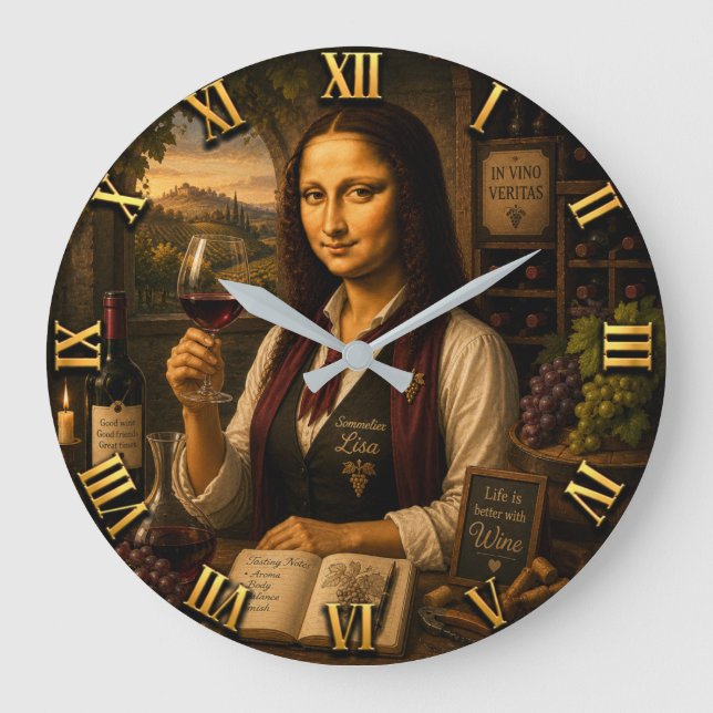 Relógio Grande Funny Mona Lisa Sommelier Wine Lover Vineyard (Frente)