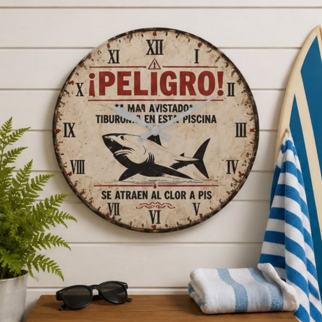 Relógio Grande Funny Shark Warning Spanish (Criador carregado)