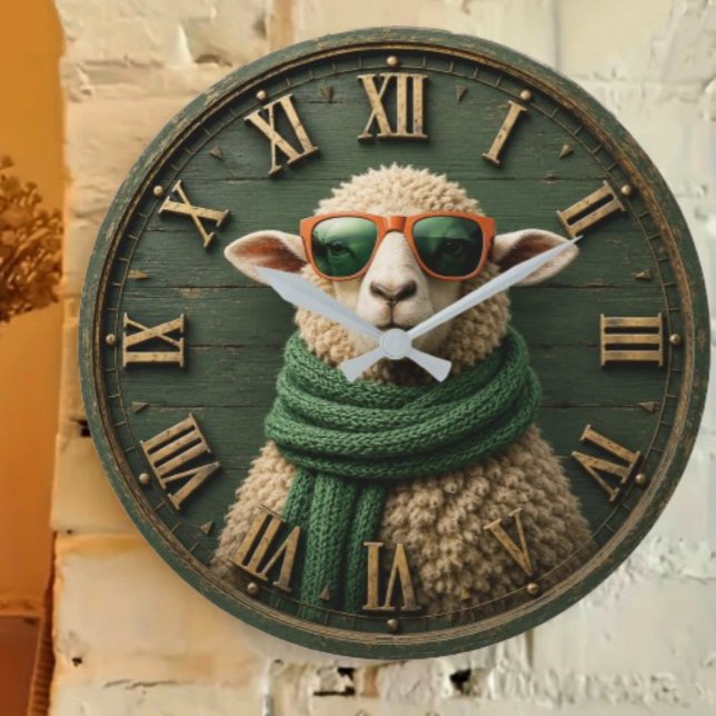 Relógio Grande Funny Sheep with Sunglasses Farmhouse Rustic Count (Criador carregado)
