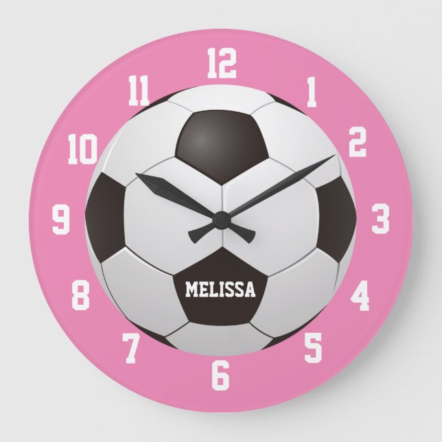 Relógio Grande Futebol Futebol Nome Personalizado Rosa (Frente)