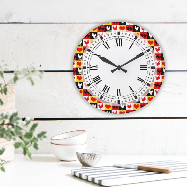 Relógio Grande Galinhas e Corações - cozinha de fazenda (Criador carregado)