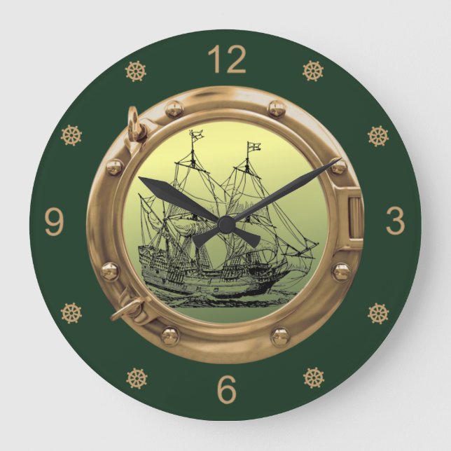 Relógio Grande Galleon - Navio de navegação ~ Porthole Brass ~ (Frente)