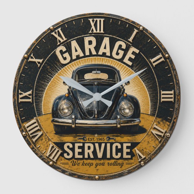 Relógio Grande Garage Service Classic Beetle Mechanic Workshop  (Frente)