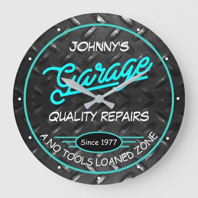 Relógio Grande Garagem para qualquer nome Turquesa em Placa de Di (Frente)