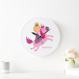 Relógio Grande Garota Amarelo-Bonita Andando em Unicórnio