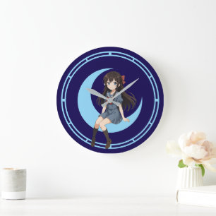 Relógio Grande Garota de Anime Sentada em uma Lua Crescente