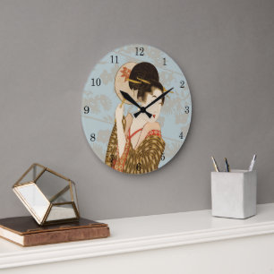 Relógio Grande Garota Geisha Japonesa Vintage em Kimono com Leque