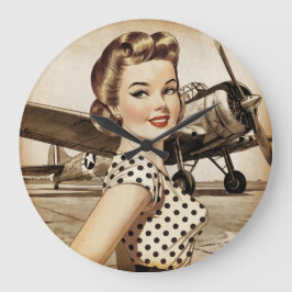Relógio Grande Garota Pinup Vintage & Avião da 2ª Guerra Mundial,