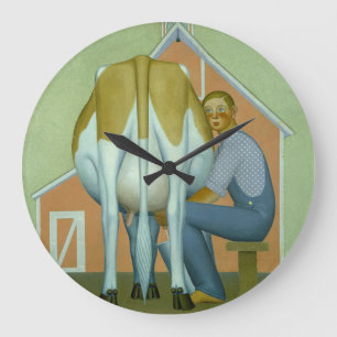 Relógio Grande Garoto ordenhando vaca por Grant Wood