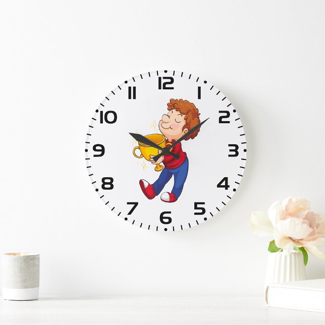 Relógio Grande Garoto que segura Ouro Troféu Prêmio vencedor (Criador carregado)