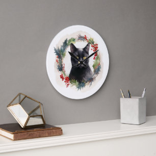 Relógio Grande Gata Preta Kit de Coroa de Natal Gatinho Festivo