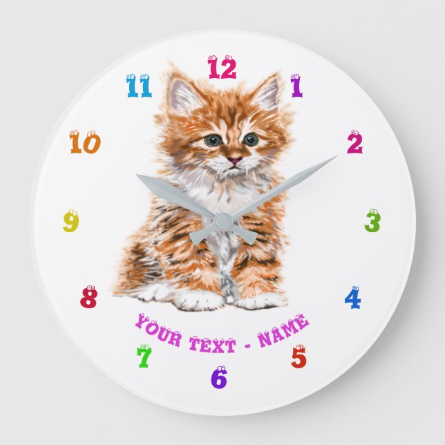 Relógio Grande Gatinho Bonito - Suave - Texto/Nome / Cor Personal (Frente)