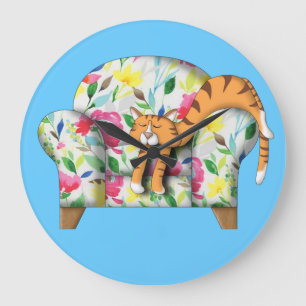 Relógio Grande Gatinho de desenho dormindo em uma cadeira floral