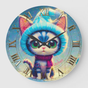 Relógio Grande Gatinho de Natal Azul