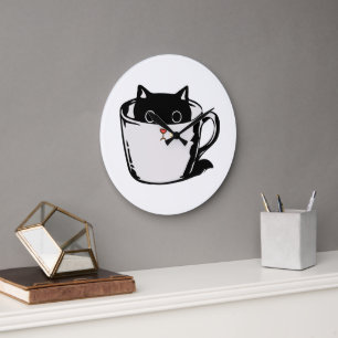 Relógio Grande Gatinho preto com nariz vermelho se escondendo em