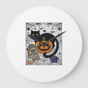 Relógio Grande Gatinho Preto do Halloween Abóbora Lápide Caldeirã