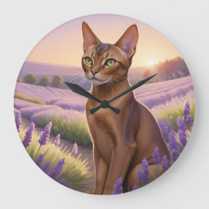 Relógio Grande Gato Abissínio em Campo de Lavanda