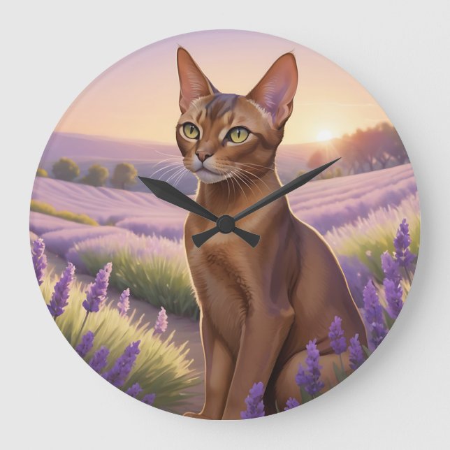 Relógio Grande Gato Abissínio em Campo de Lavanda (Frente)