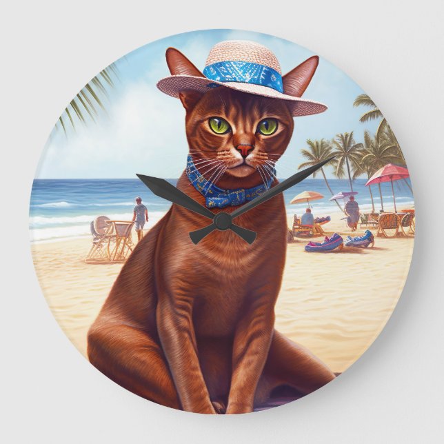 Relógio Grande Gato abissino na praia, presente de verão para o a (Frente)
