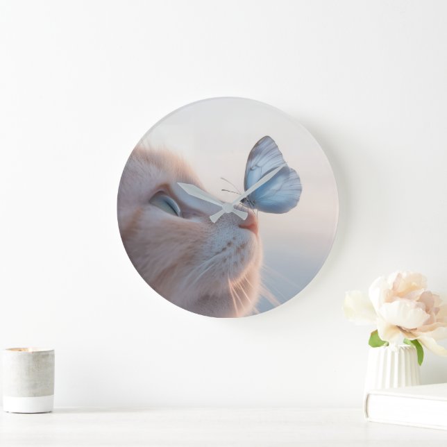 Relógio Grande Gato Adorável e Borboleta Azul (Lar)