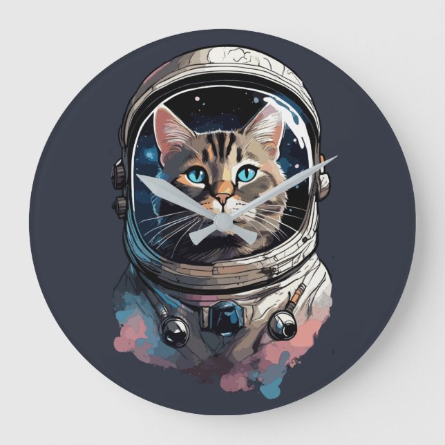 Relógio Grande Gato Astronauta Na Arte Por Aquarela Espacial (Frente)