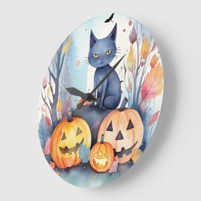 Relógio Grande Gato Azul Oriental de Halloween com Abóboras Assus (Ângulo)