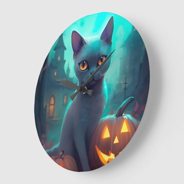 Relógio Grande Gato Azul Russo Halloween Com Pumpkins Assustado (Ângulo)