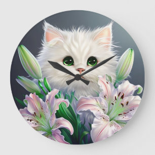 Relógio Grande Gato Branco Atrás dos Lírios Vibrantes