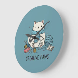 Relógio Grande Gato Branco Fofo Tecendo Decoração de Sala Hobbyis