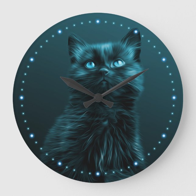 Relógio Grande Gato de Cabelo Longo Preto (Frente)