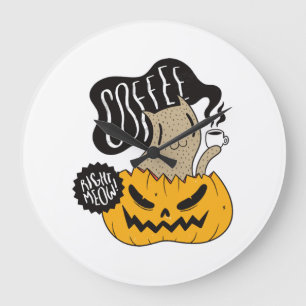 Relógio Grande Gato de Café de Halloween - Gato Fofo de Halloween