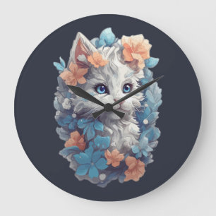 Relógio Grande Gato de Gato de Gato Floral Branco Bonito