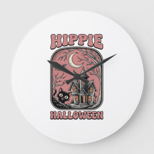 Relógio Grande Gato de Halloween Hippie Casa Assombrada Design Vi