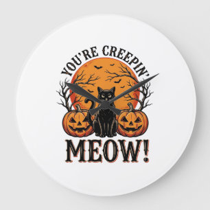 Relógio Grande Gato de Halloween Vintage Meow Sinistro Gravação_1