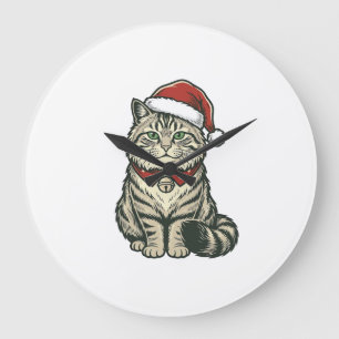 Relógio Grande Gato de Natal Chapéu do Papai Noel Design de Gravu