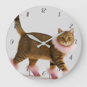 Relógio Grande Gato Estiloso em Saltos Rosa e Glamour Fofinho