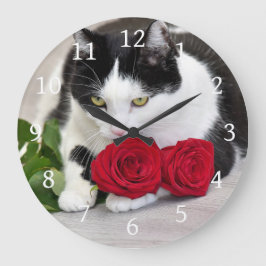 Relógio Grande Gato fofo com a rosa vermelha