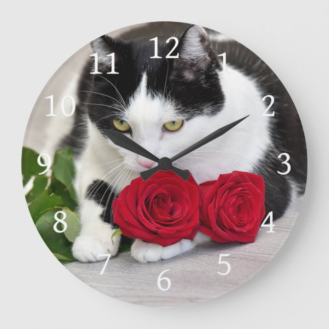 Relógio Grande Gato fofo com a rosa vermelha (Frente)