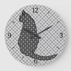 Relógio Grande Gato Japonês - Impressão Kimono preto e branco