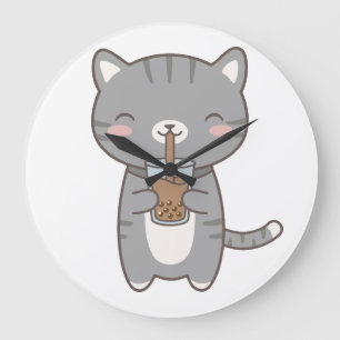 Relógio Grande Gato Kawaii Boba Chá de Leite Gatinho Cinzento Fof