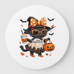 Relógio Grande Gato Kawaii do Halloween � Gato Bruxa com Abóbora